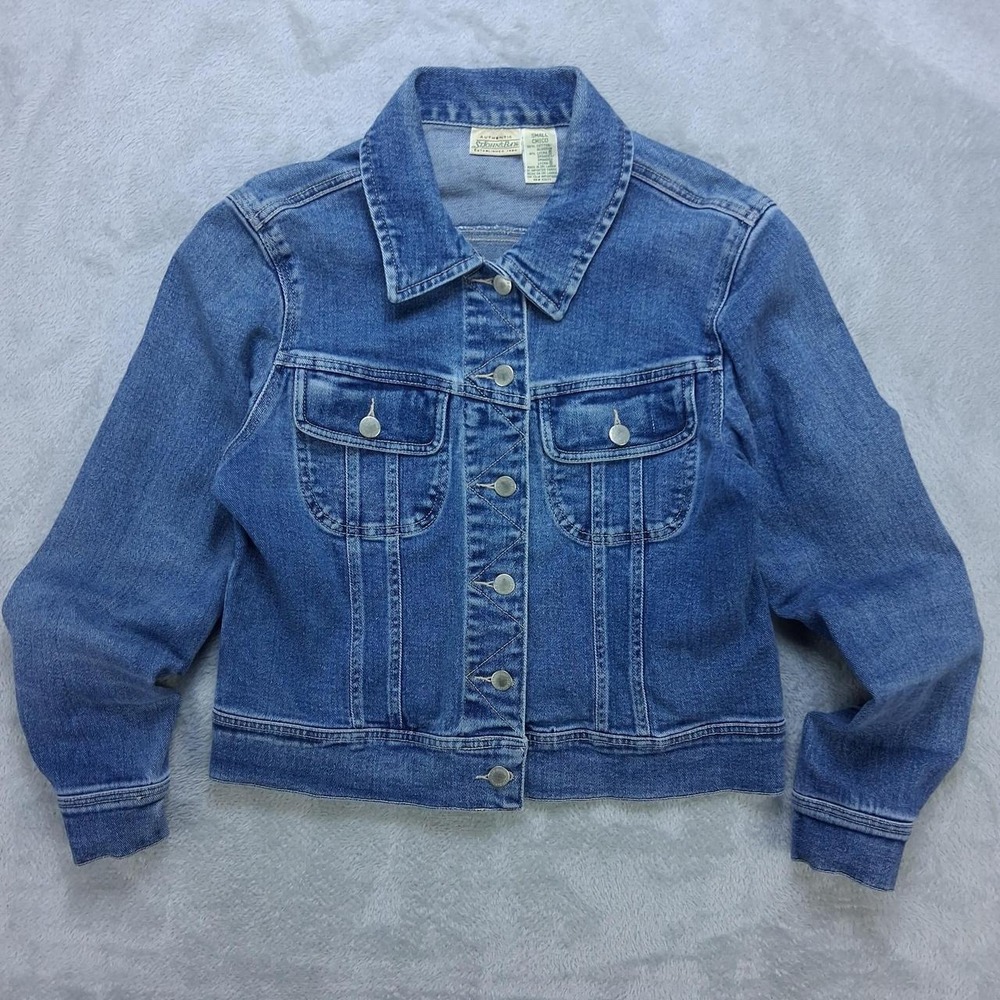 St Johns Bay Denim Jacket Cropped Blue Jean Coat Womens Small Stretch RN 93677
